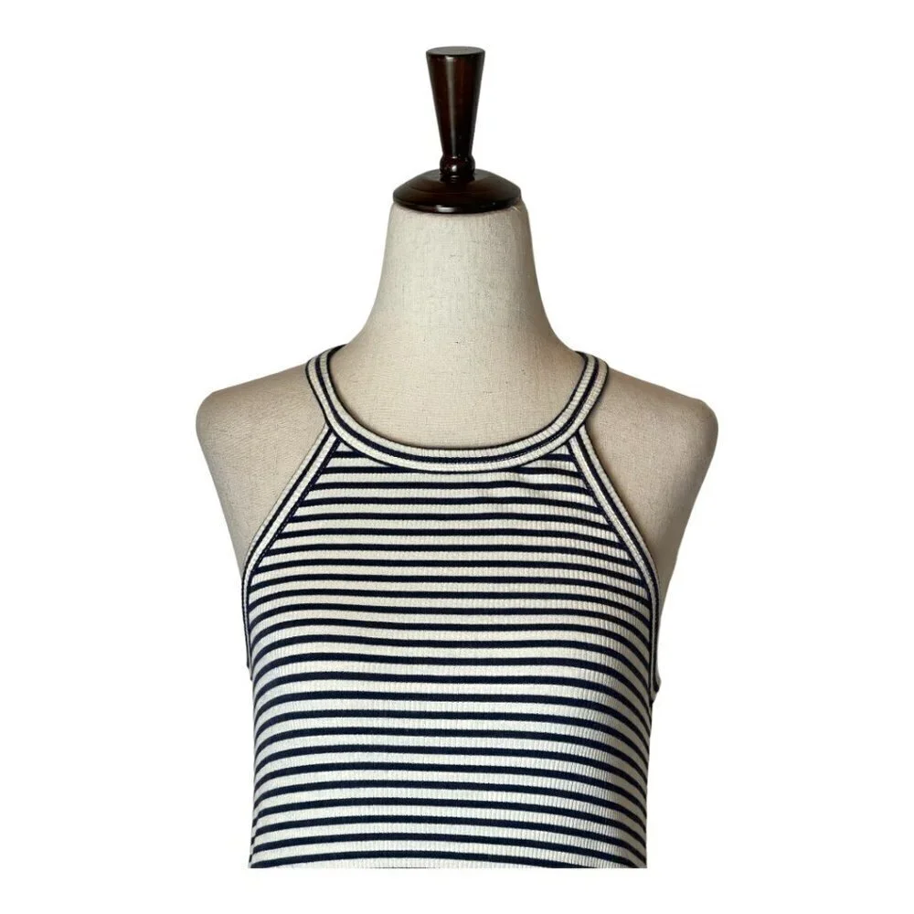 Madewell Dress Women XS Ivory Blue‎ Striped Halter Neck Fit And Flare Mini